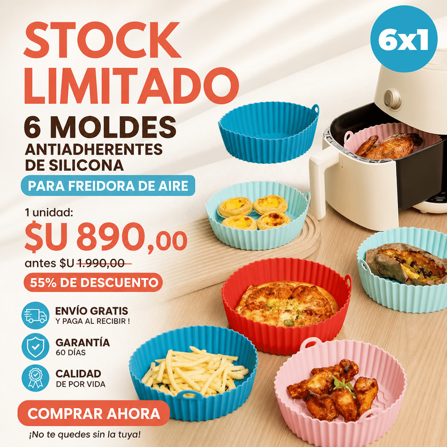 PROMO 6x1 Moldes Antiadherentes de Silicona para Freidora de Aire